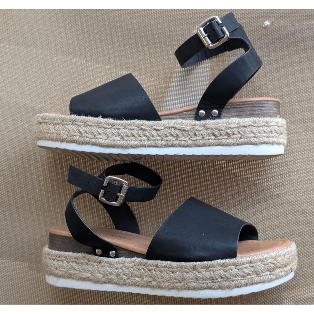 Shoeland Legossa Black Wedge Jute Espadrille Platform Buckle Sandal 8.5 Strappy